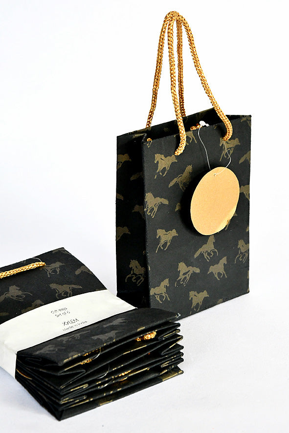Horses Print Black Gift Bags Small, Set of 6, 6x4.5