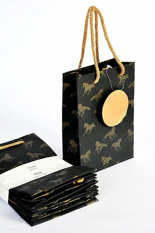 Horses Print Black Gift Bags Small, Set of 6, 6x4.5