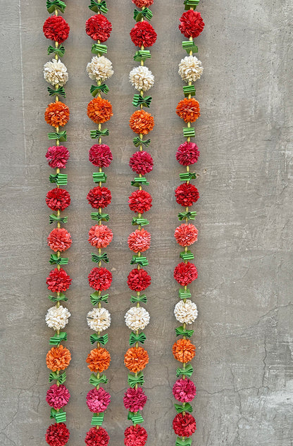 Marigold Paper Flowers and Leaves String, Set of 2, 2 meters