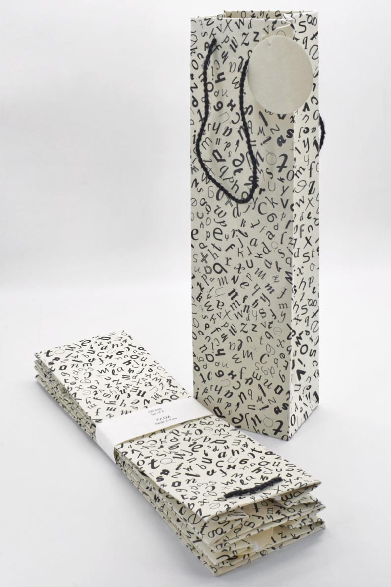 Scattered Letters White Gift Bags Bottle, Set of 4, 14.5x4