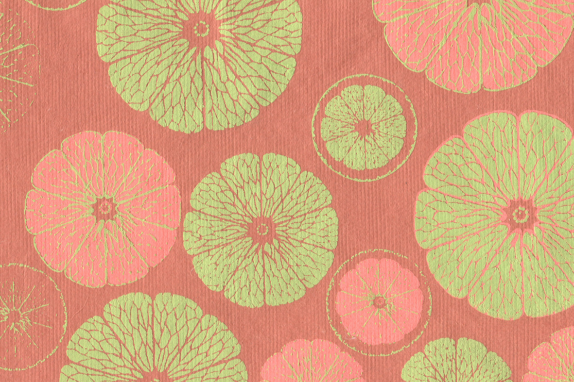 Lime Green on Tangerine Citrus Sections Printed Handmade Paper Online