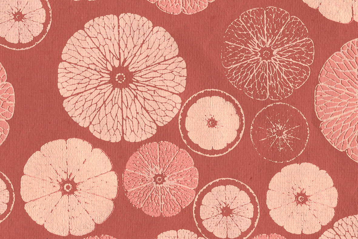 Citrus Sections: Blossom Pink on Signal Red Handmade Paper ~100gsm Set of 5 50X70cm each