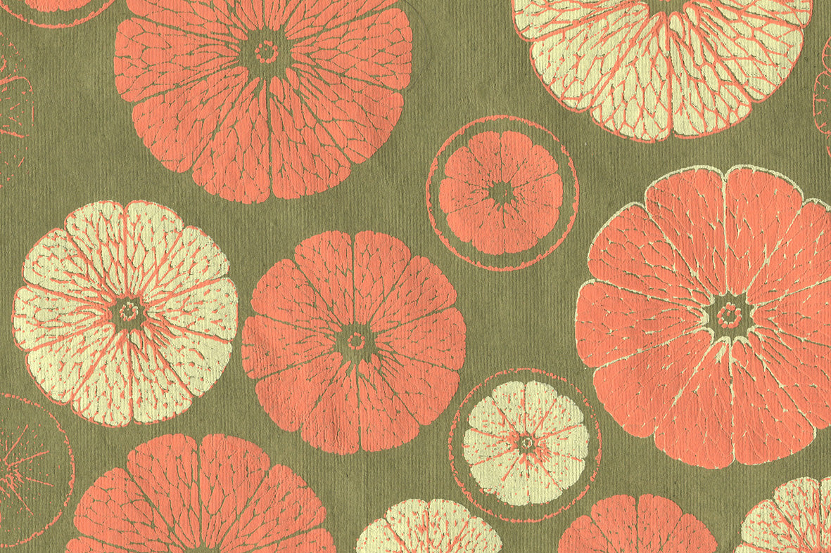 Orange on Moss Green Citrus Sections Printed Handmade Paper Online