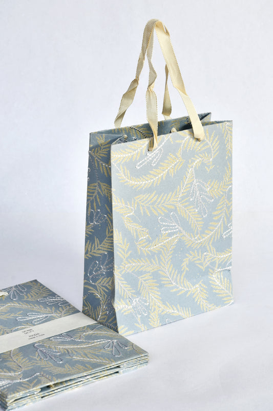 Twigs & Leaves with Embroidery Blue Gift Bags Medium, Set of 4, 9.5x7