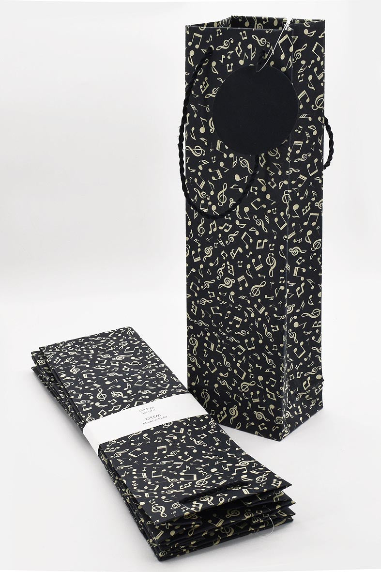 Music Print Black Gift Bags Bottle, Set of 4, 14.5x4