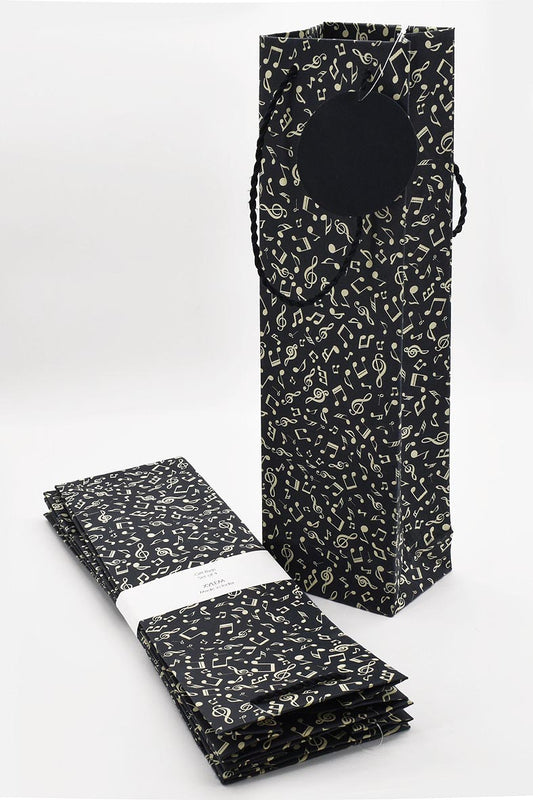 Music Print Black Gift Bags Bottle, Set of 4, 14.5x4