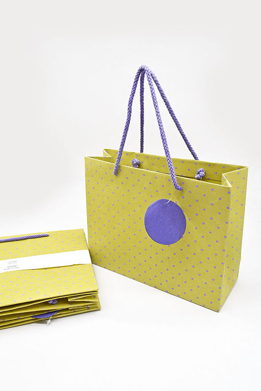 Purple Dots Grid on Green Gift Bags Medium, Set of 4, 7x9.5