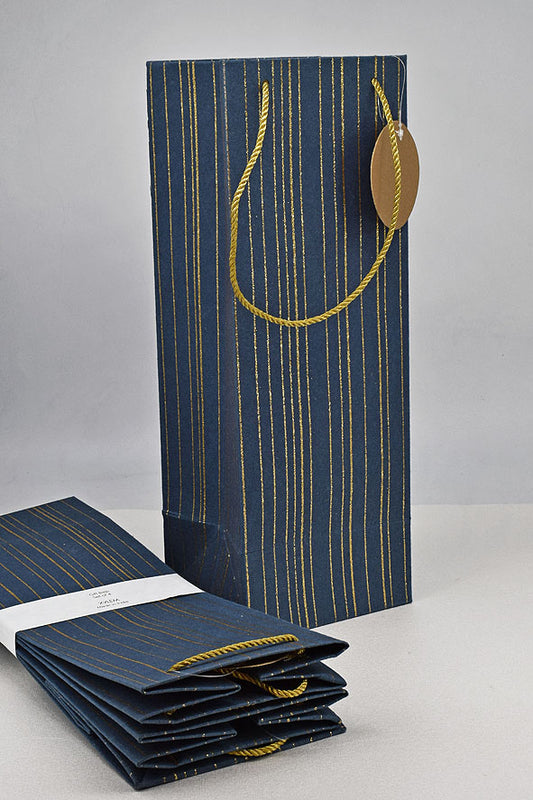 Glitter Stripes Print Black Gift Bags Bottle, Set of 4, 14.75x5.25