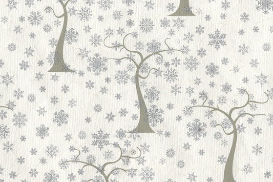 Trees & Snowflakes: Moss & Silver on Basic White Handmade Paper ~100gsm Set of 5 50X70cm each