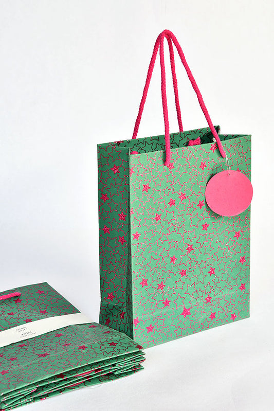 Glitter Stars Green Gift Bags Medium, Set of 4, 9.5x7