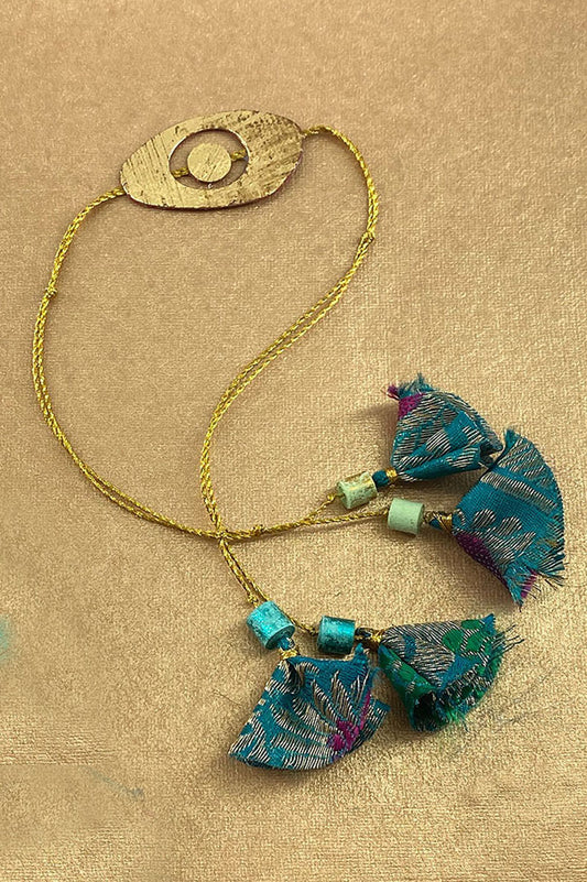 Gold Leaf With Sari Brocade Tassels Handmade Paper Rakhi Online