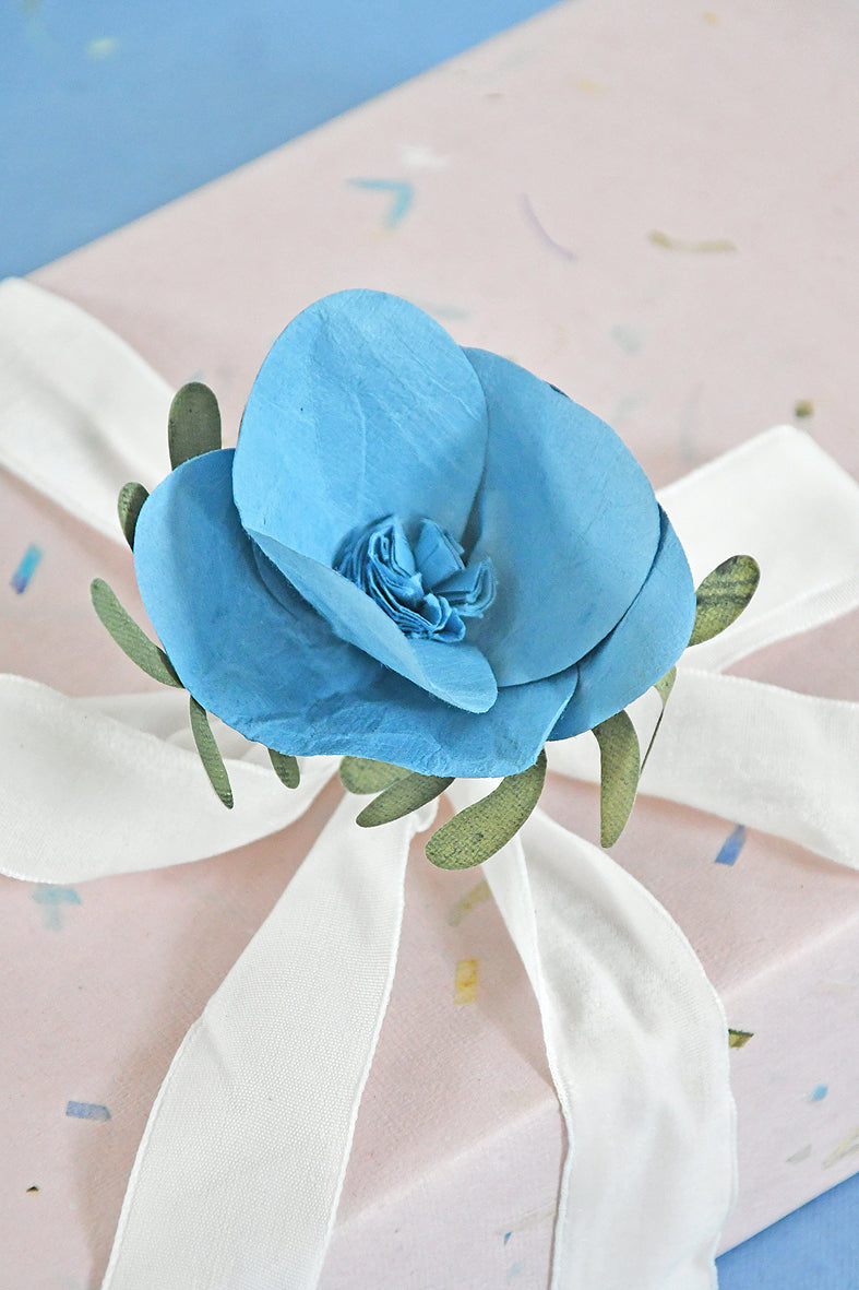 Handmade Blue Paper WildFlower Gift Topper With Ribbon Online
