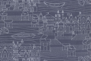 White on Midnight Blue Banaras Ghats Printed Handmade Paper Online
