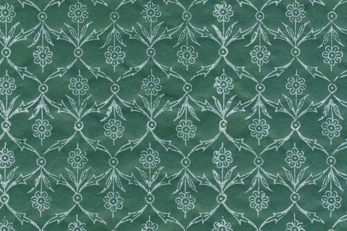 White on Green Flower Buti Jaal Printed Handmade Paper Online