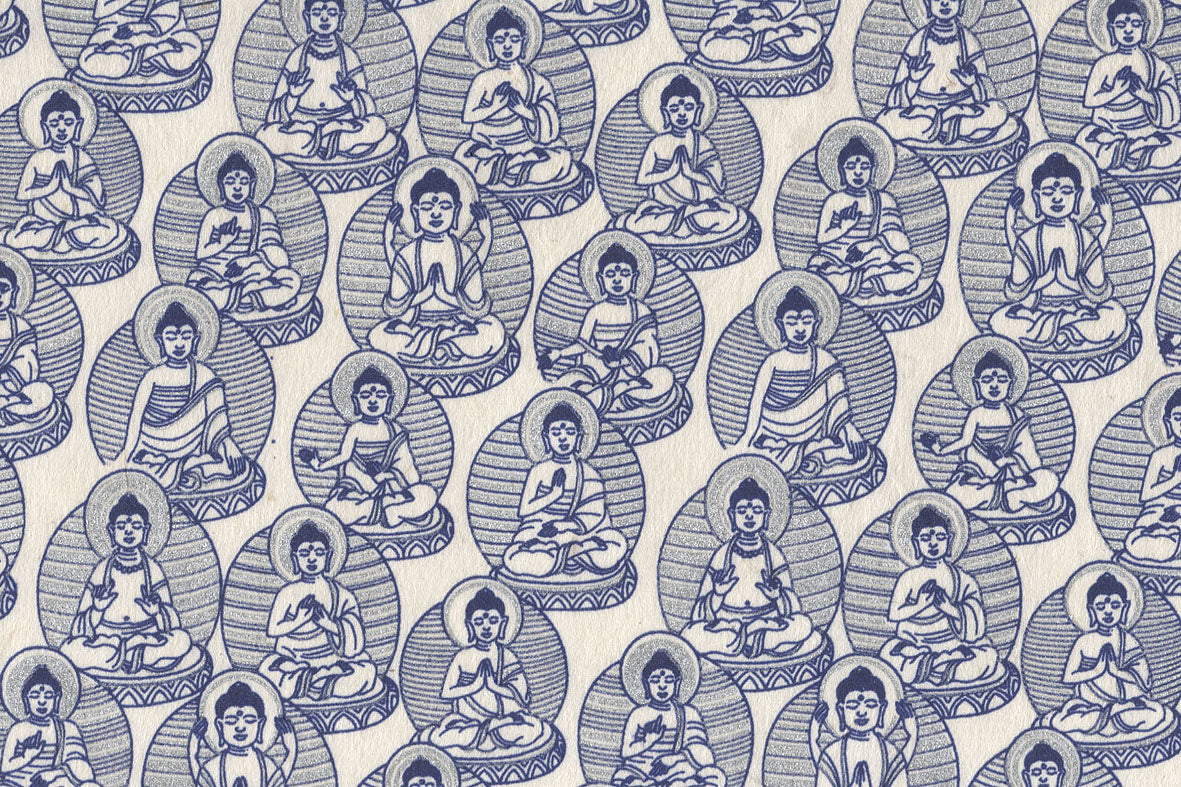 Silver & Navy Blue On White Buddhas Printed Handmade Paper Online