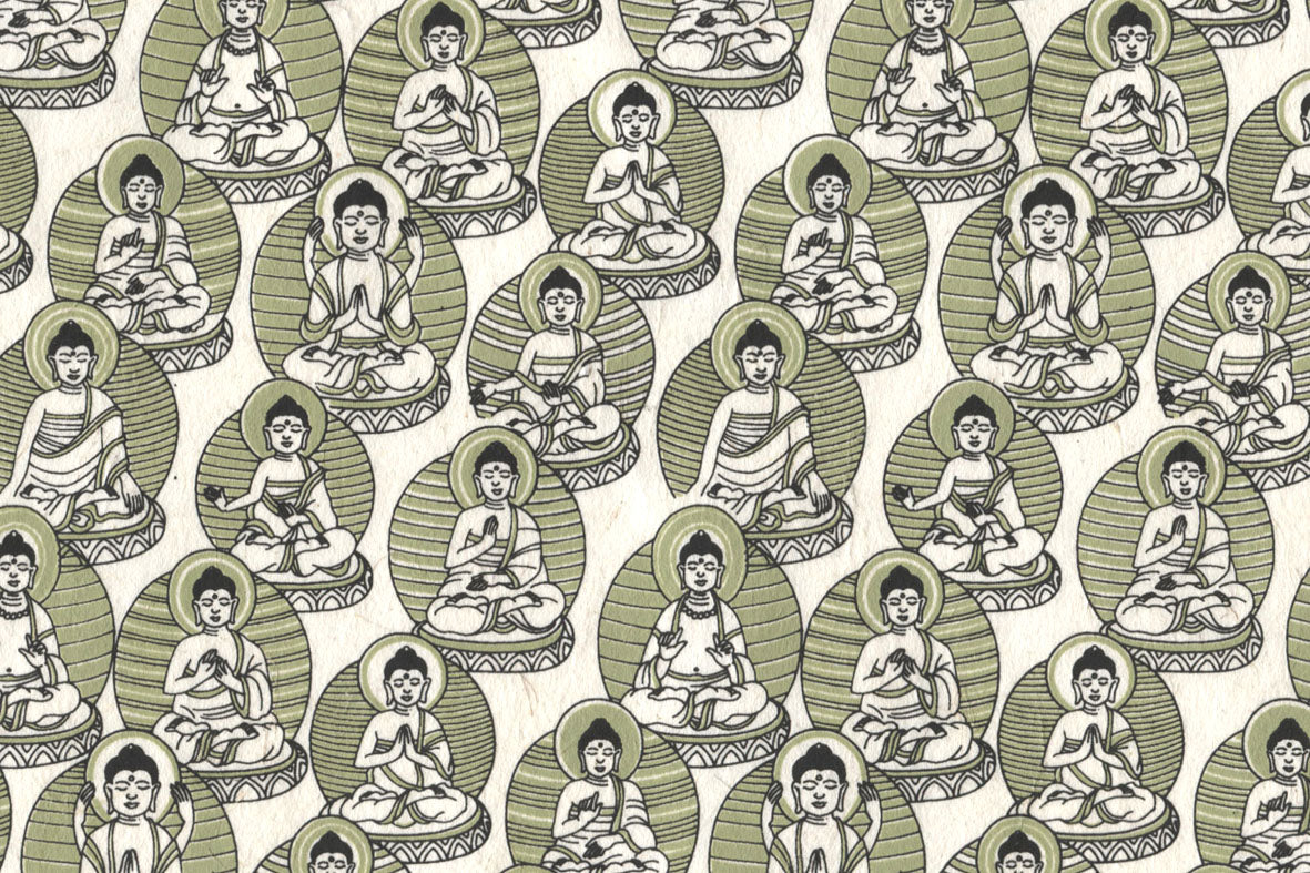Moss Green & Black On White Buddhas Printed Handmade Paper Online
