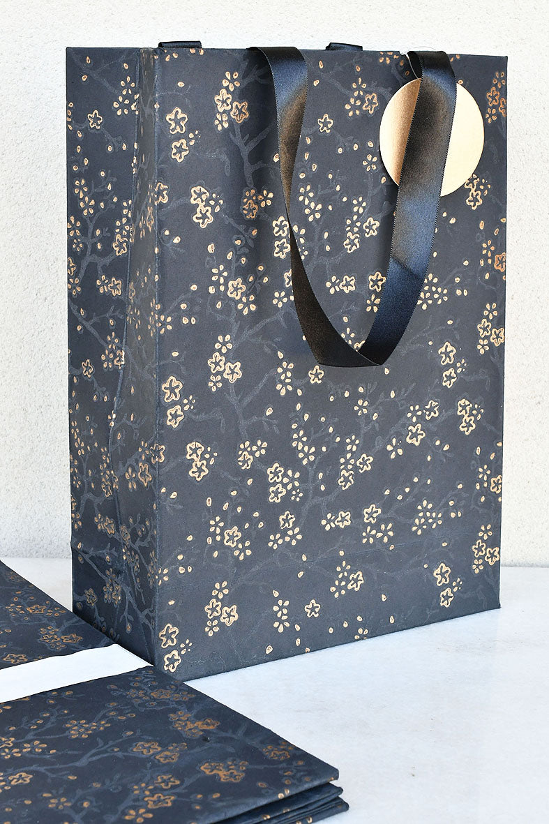 Floral Print Black Large Handmade Paper Gift Bag Online