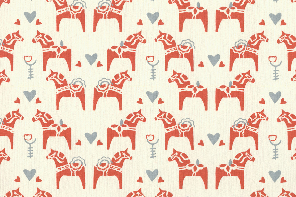 Dala Horses: Gray & Red on Ivory Handmade | Rickshaw Recycle