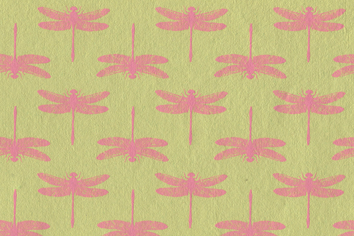 Dragonfly Grid: Pink on Green Handmade Paper | Rickshaw Recycle