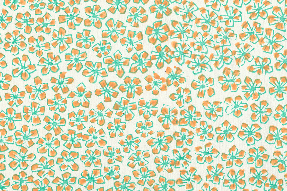 Miniature Flowers: Orange & Green on White Handmade Paper ~100gsm Set of 5 50X70cm each