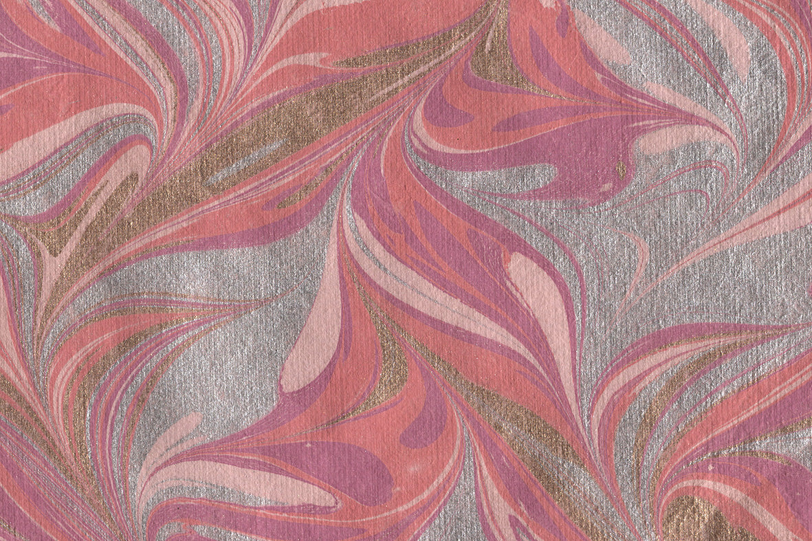 Marbling Silver Copper Orange & Pink Combed Swirls on Coral Pink Handmade Paper