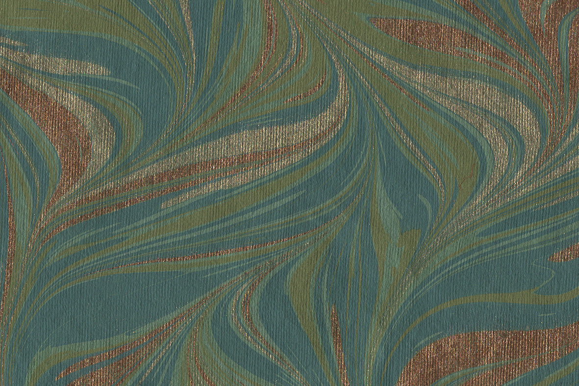 Marbling Gold Copper Teal & Olive Curvy Waves on Copper Green Handmade Paper