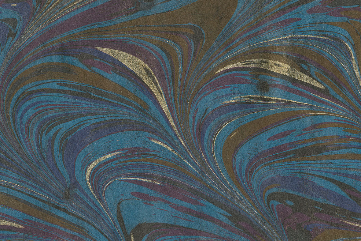 Marbling Gold Brown & Blue Blast Curvy Waves on Black Handmade Paper