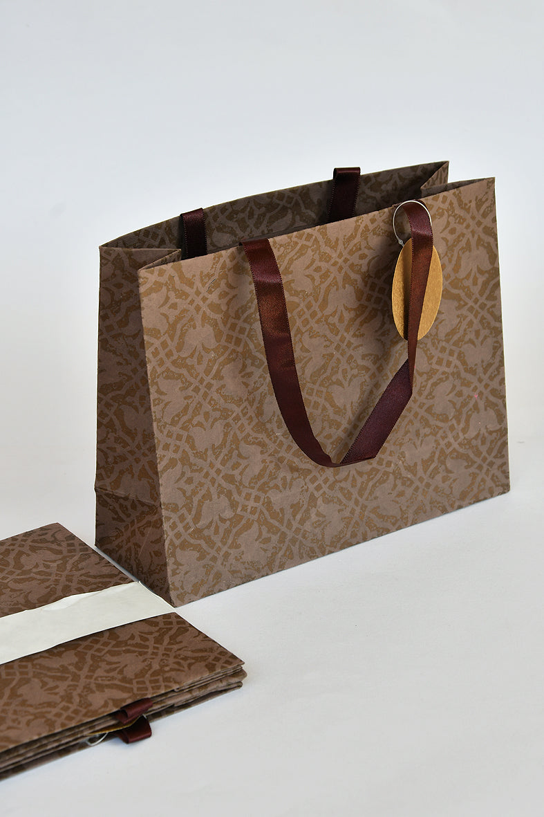 Cocoa Brown Arabesque Medium Handmade Paper Gift Bags Online