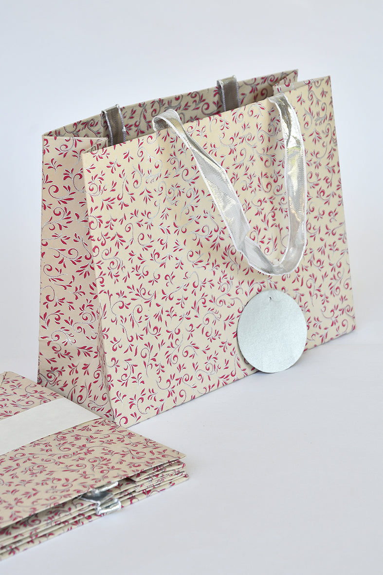 Maroon & Silver on Beige Medium Handmade Paper Gift Bag Online