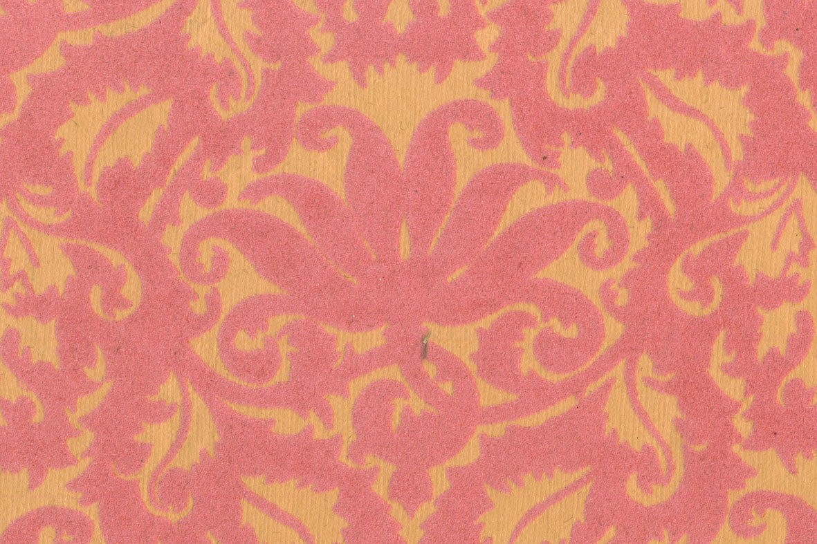 Damask: Pink Flock on Ochre Handmade Paper | Rickshaw Recycle