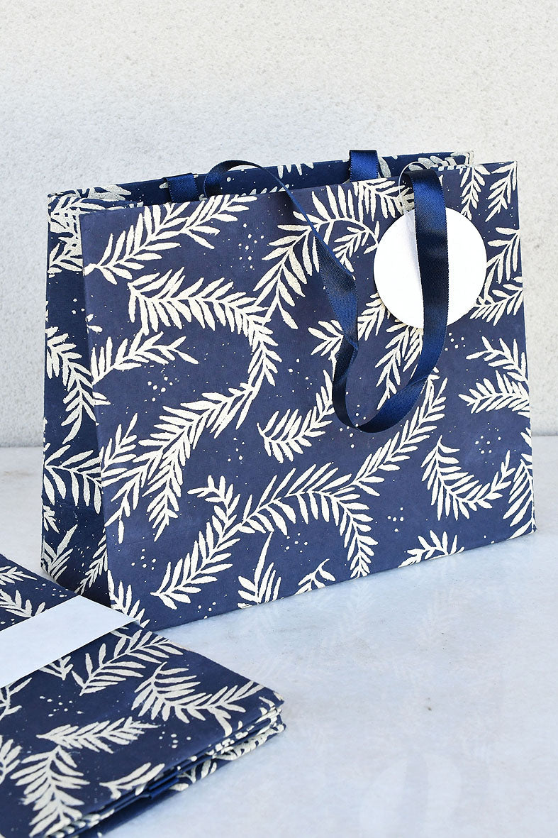 Glitter Leaves Print Blue Handmade Paper Medium Gift Bags Online 