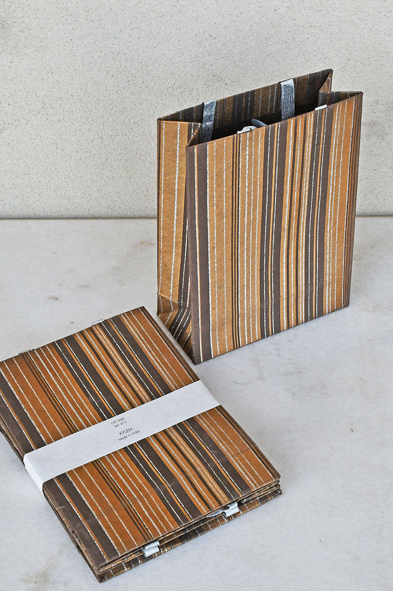 Glitter Stripes Print Gold Gift Bags Medium