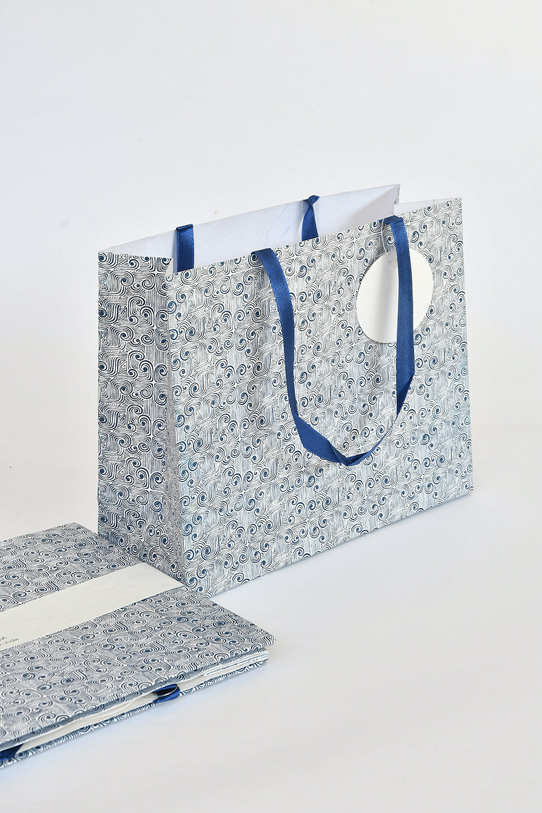 Blue on White Art Deco Print Medium Handmade Paper Gift Bags Online