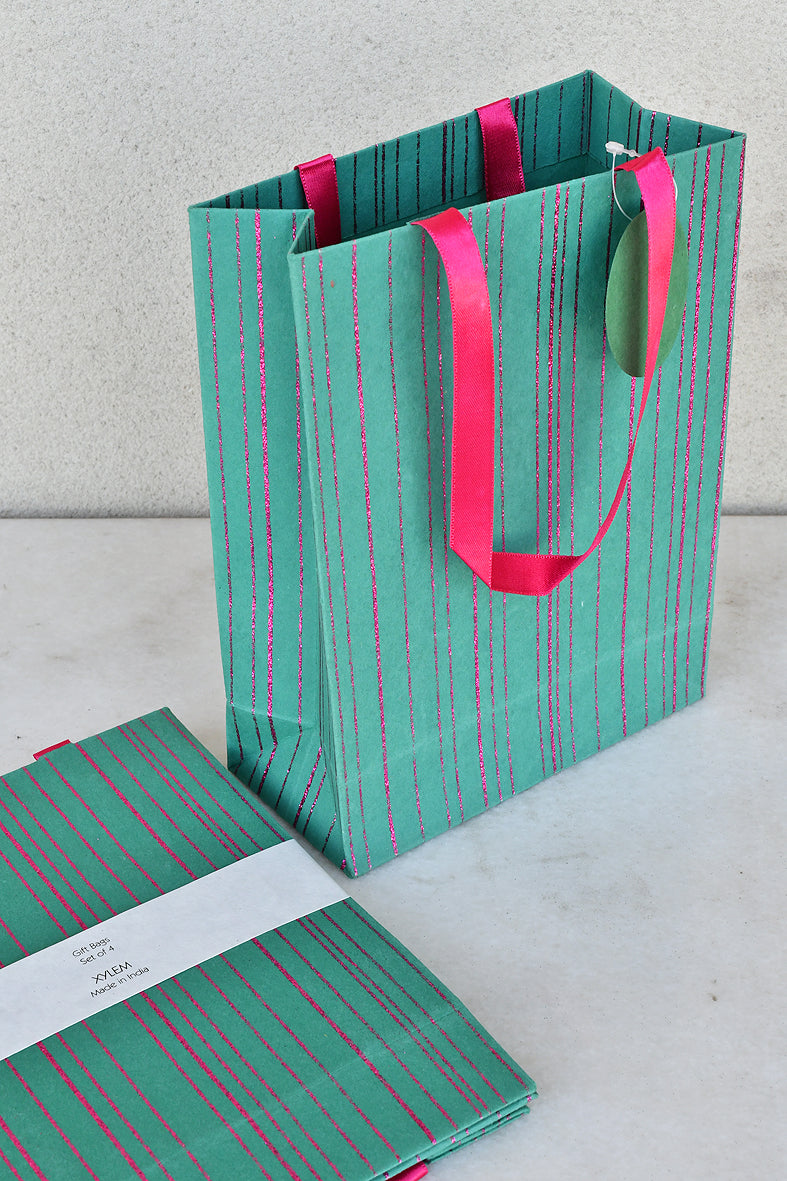 Glitter Stripes Print Green Medium Handmade Paper Gift Bag Online