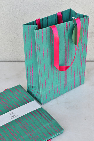 Glitter Stripes Print Green Medium Handmade Paper Gift Bag Online