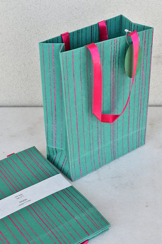 Glitter Stripes Print Green Gift Bag