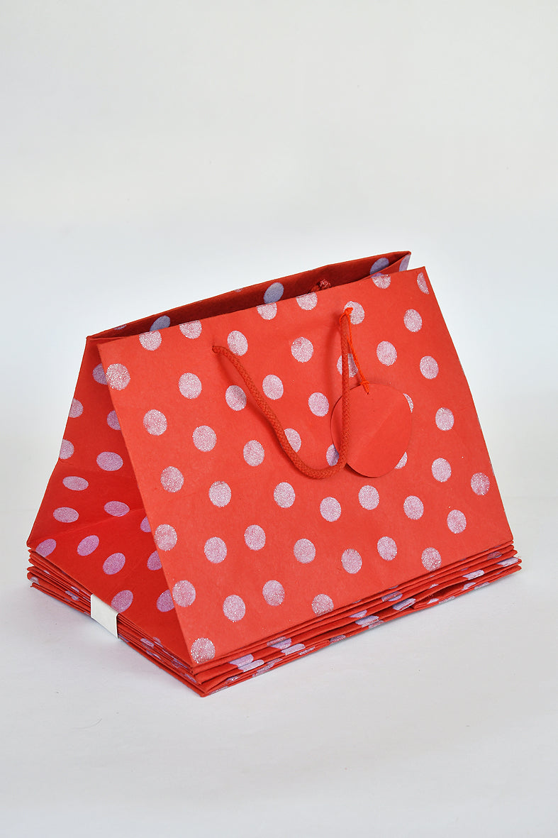 Flocked Polka Dots on Red Gift Bags Box, Set of 4, 12x9