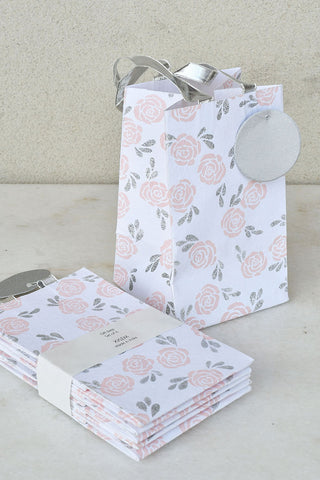Glitter Roses Print White Gift Bags Mini, Set of 6, 7.5x4.5