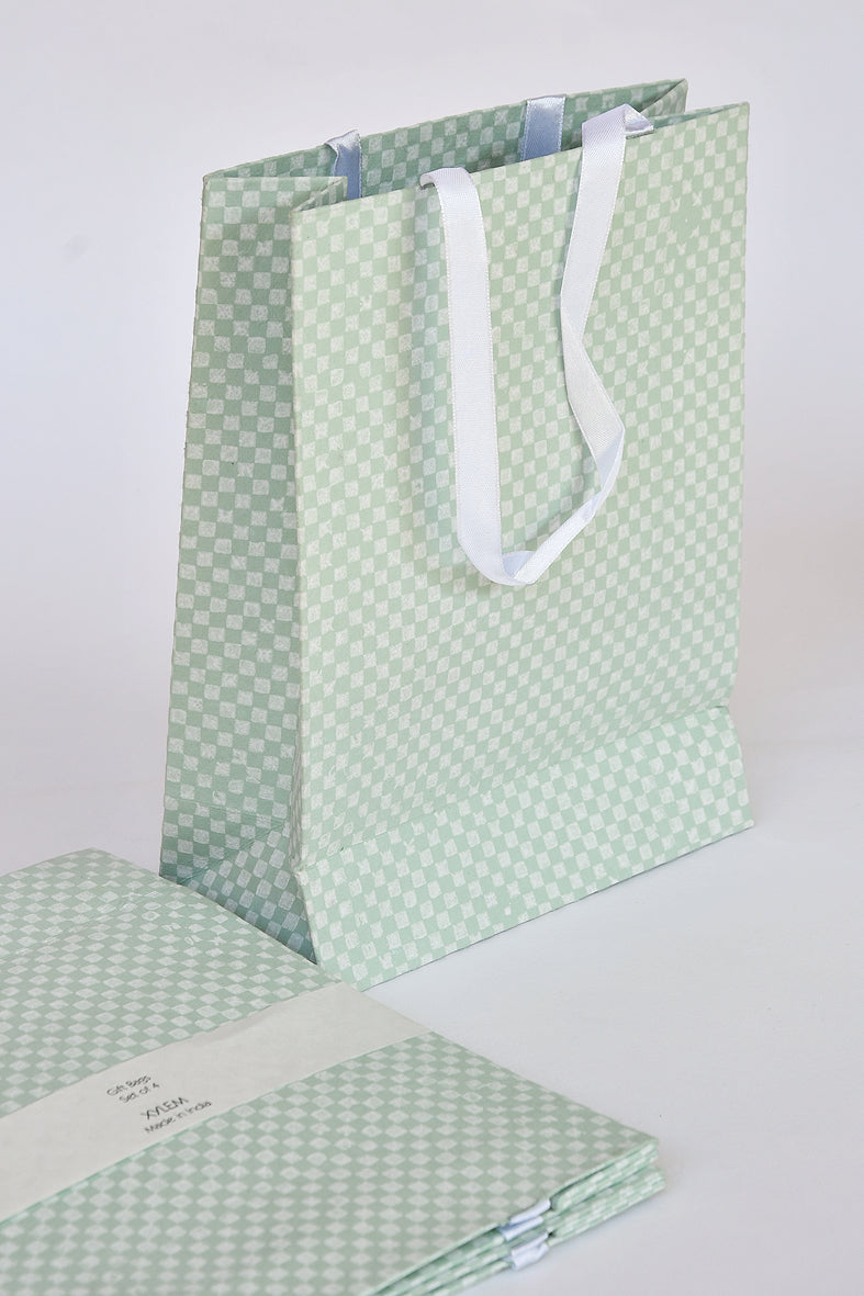 White Checker on Sage Medium Handmade Paper Gift Bag Online